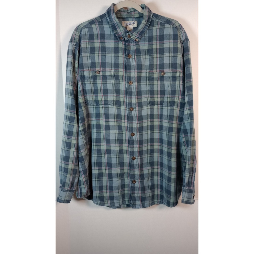 Duluth Relaxed Fit Men Sz XL Flannel Shirt Blue Plaid Long Sleeve 100% Cotton